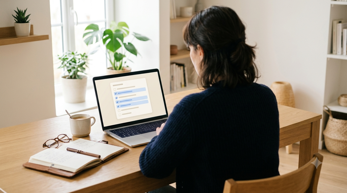 Un dirigeant de TPE supervise sur son écran un agent IA qui exécute une suite de tâches, café posé sur le bureau.