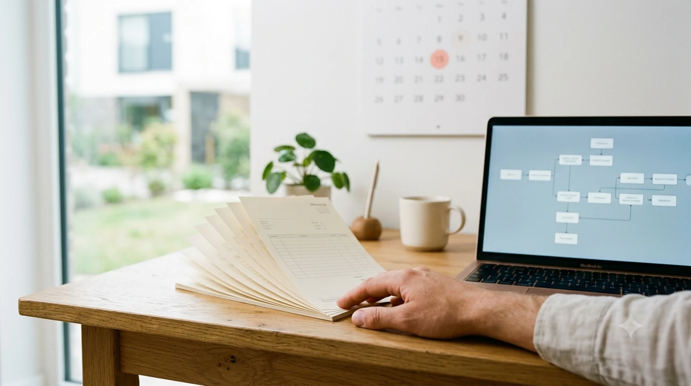 Bureau clair avec des factures classées en séquence, un calendrier aux dates entourées et un écran montrant des relances programmées.