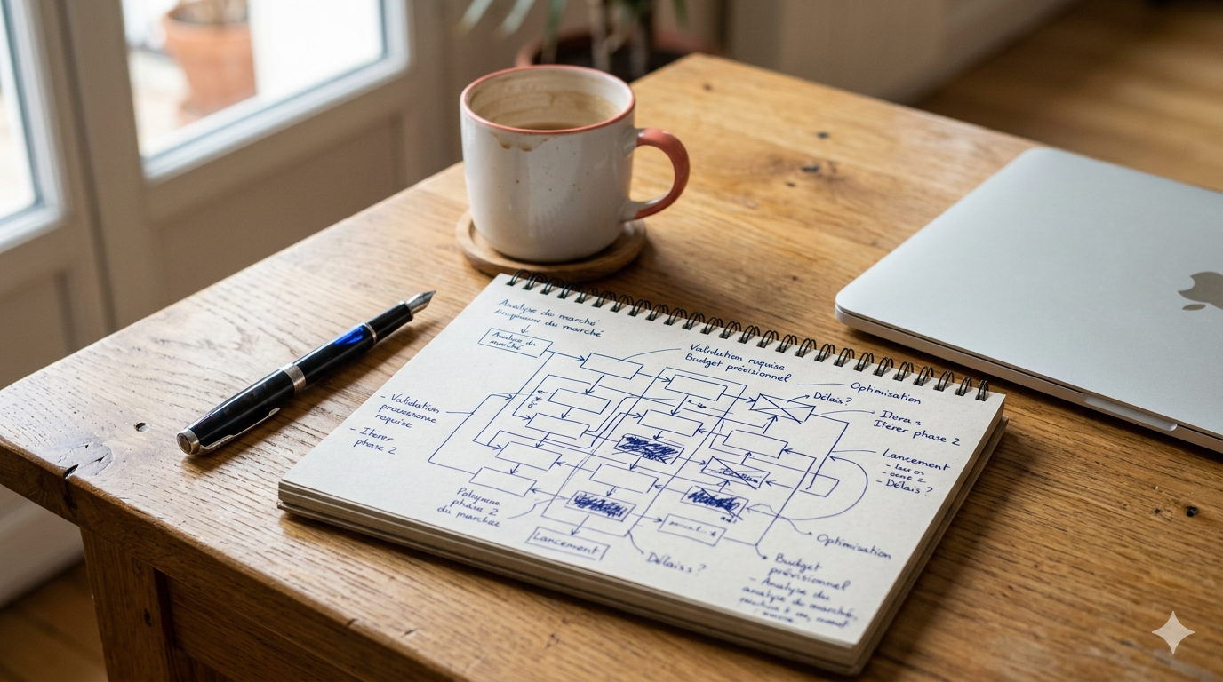 Cahier ouvert sur un bureau, schéma de processus dessiné à la main avec cases et flèches, stylo et tasse à côté