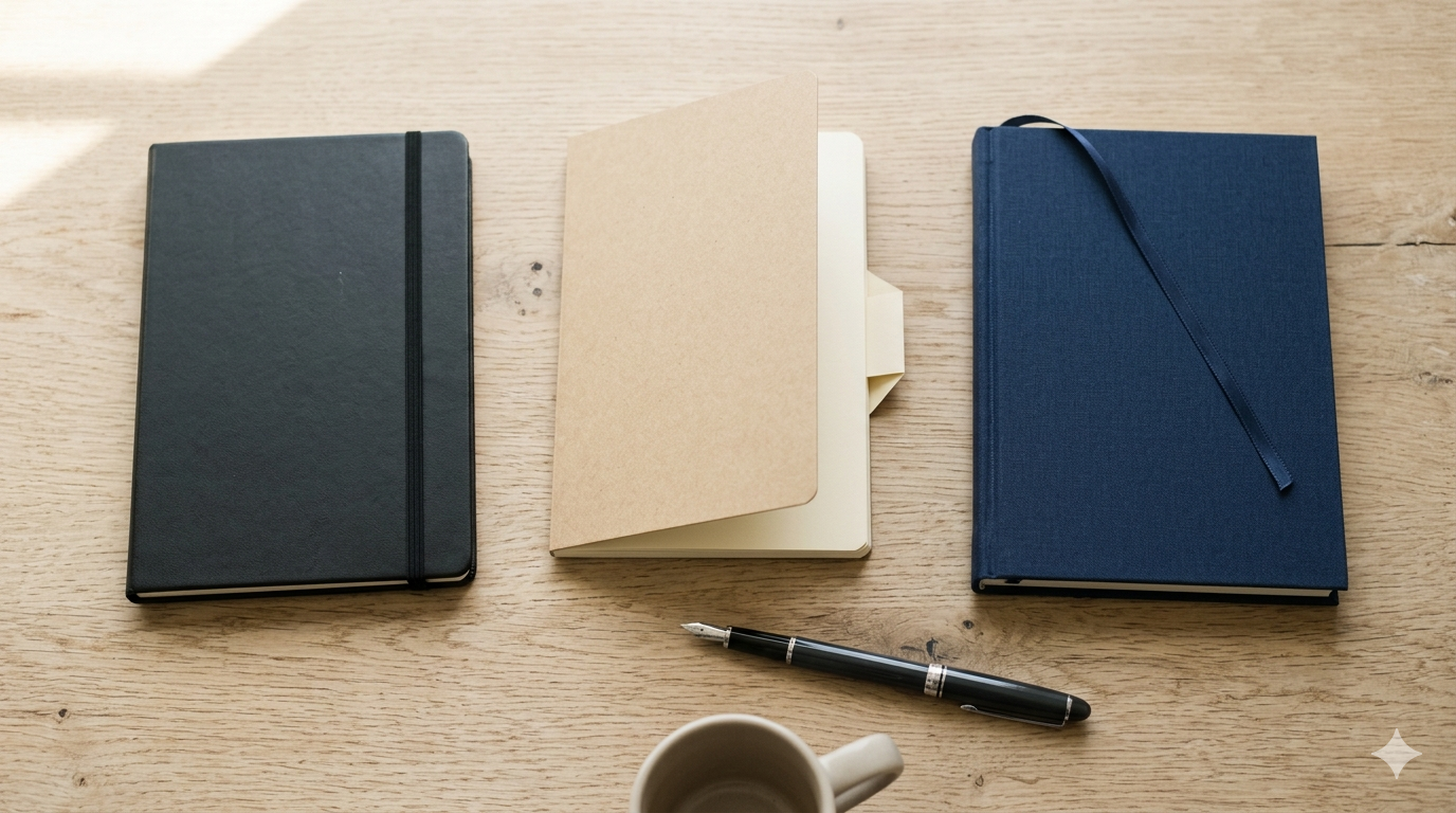 Trois carnets fermés posés côte à côte sur un bureau en bois clair, image éditoriale évoquant le choix entre trois assistants IA.