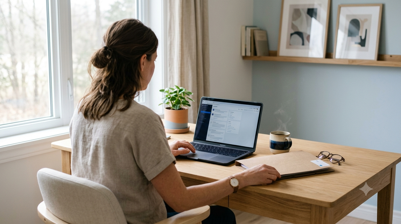 Ordinateur portable ouvert sur un bureau clair à côté d'un dossier fermé et de lunettes, évoquant l'usage de l'IA en gardant ses données clients sous contrôle.