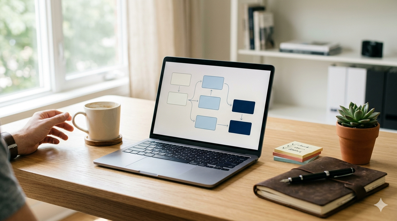 Bureau lumineux d'une TPE avec ordinateur portable affichant un workflow d'automatisation, café et carnet, lumière matinale.