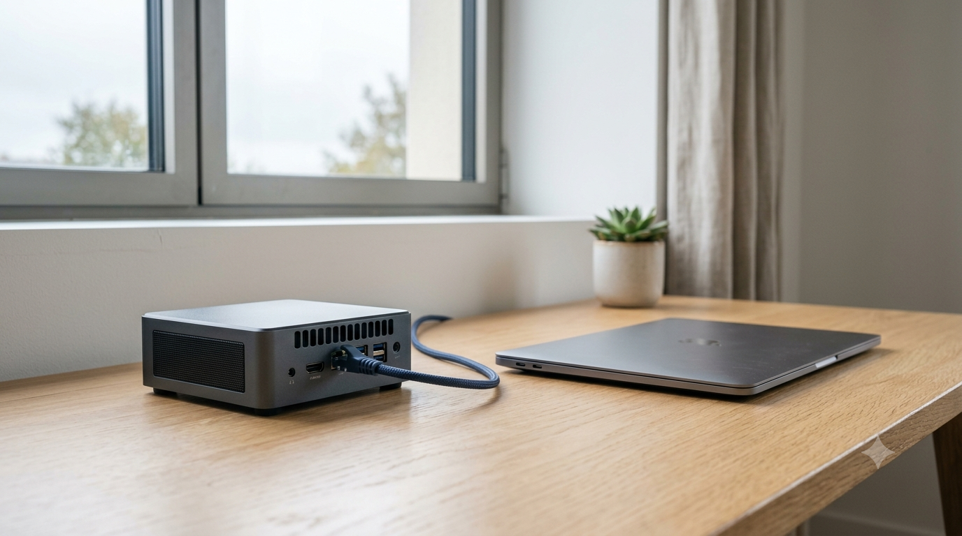 Petit serveur et câble réseau sur un bureau clair près d'une fenêtre, évoquant un hébergement n8n auto-géré en France.