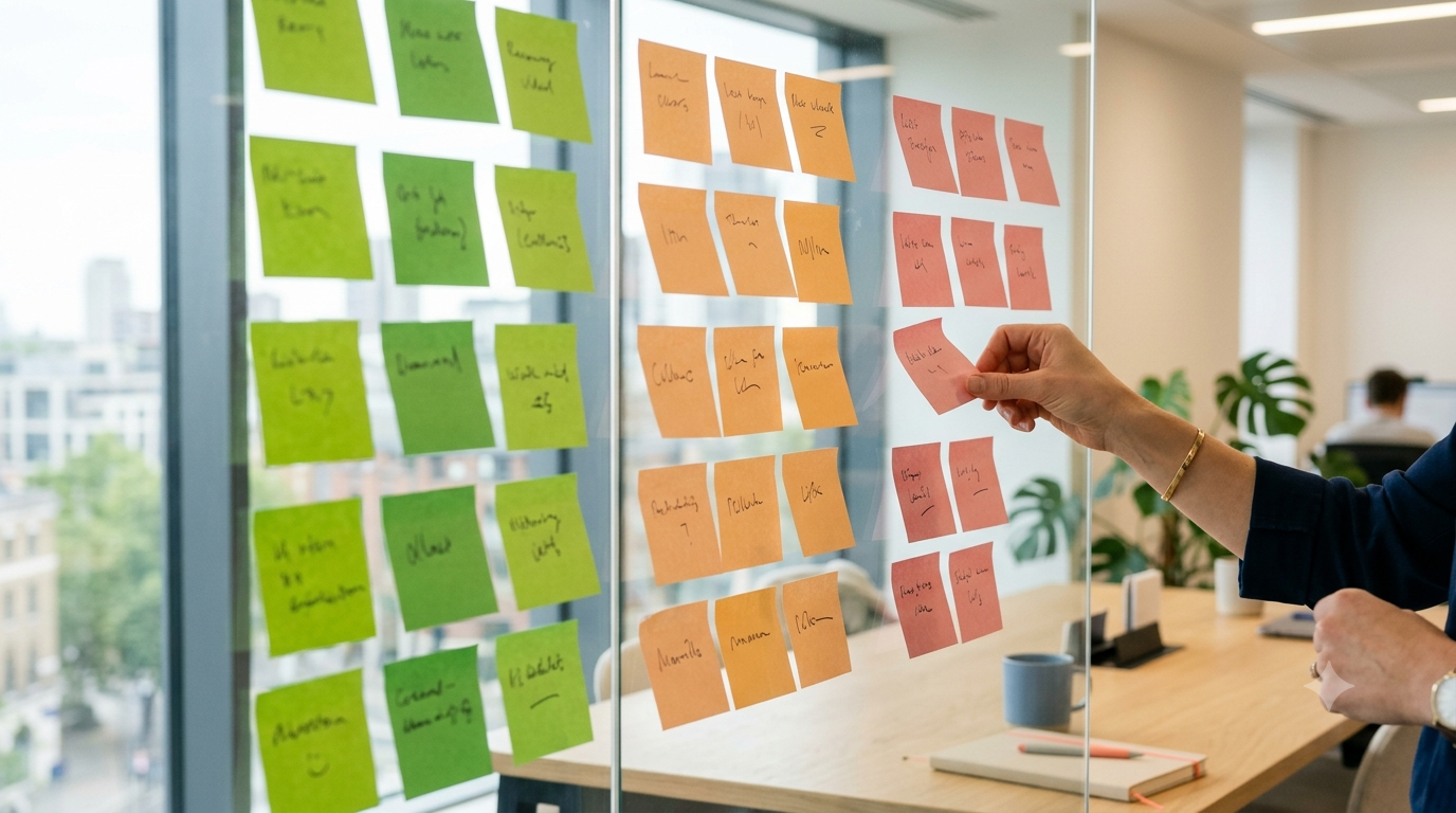 Des post-it manuscrits triés en trois colonnes vert, orange et rouge sur une vitre de bureau, une main en déplace un