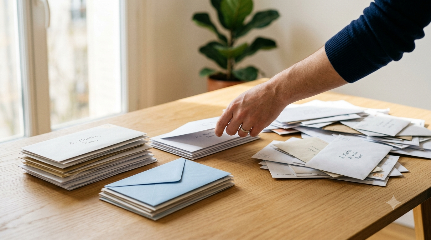 Des enveloppes papier triées en piles nettes sur un bureau clair, à côté d'un tas non trié, évoquant le tri des mails.
